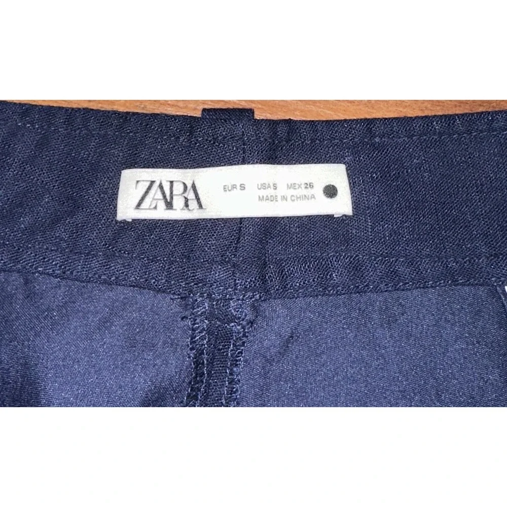 ZARA NAVY FLOWING HIGH WAIST LINEN TROUSERS WIDE LEG EMBROIDERED CULOTTES PANT S